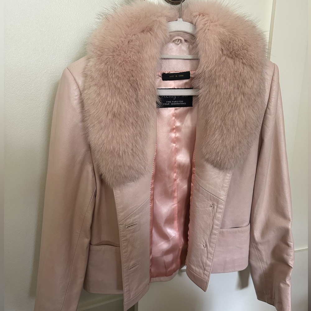 Vintage genuine leather jacket with fox fur pink